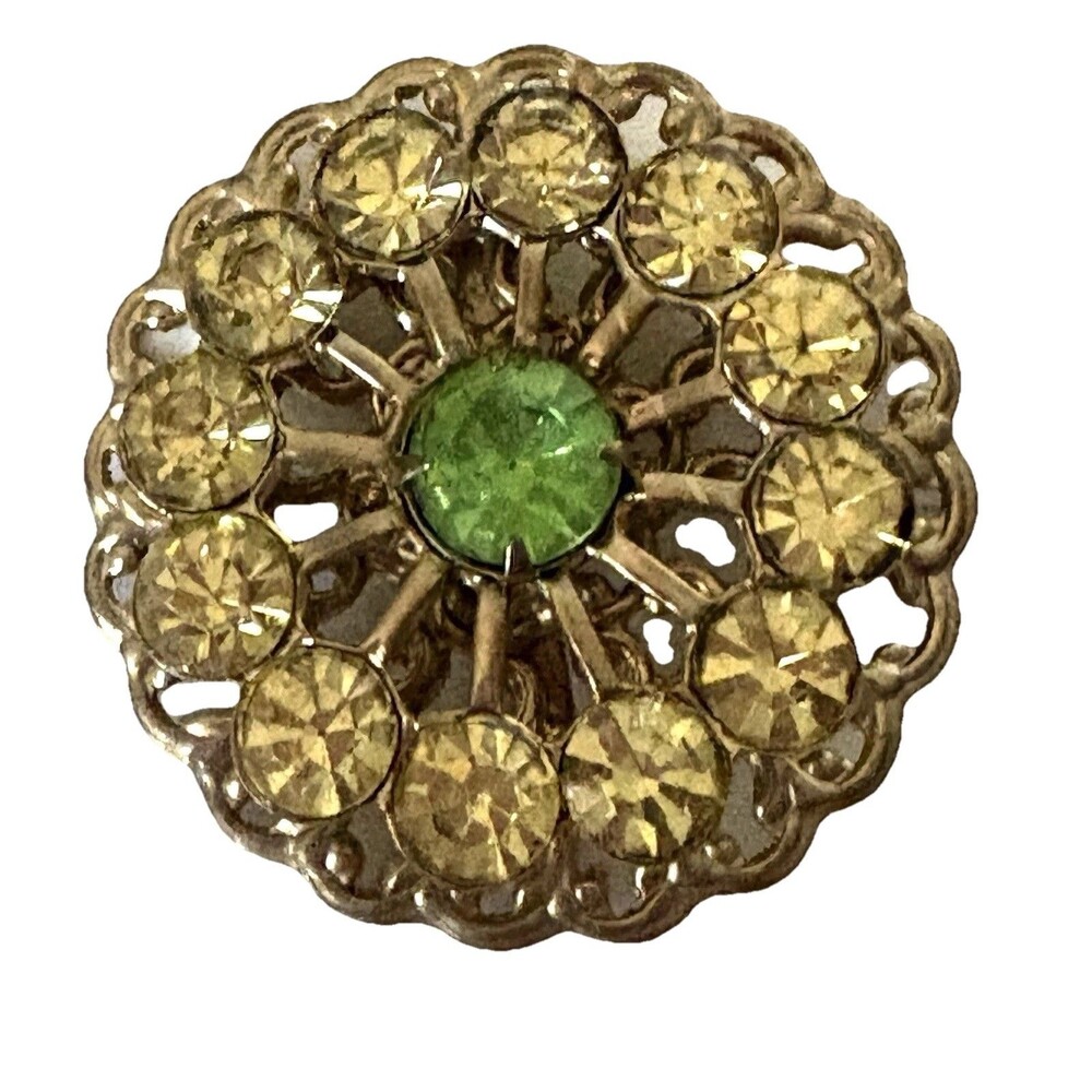 Vintage Rhinestone Brooch Yellow Green Floral Starburst Gold Tone Mid Century